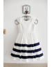 Ivory Navy Blue Taffeta Stripes Knee Length Flower Girl Dress